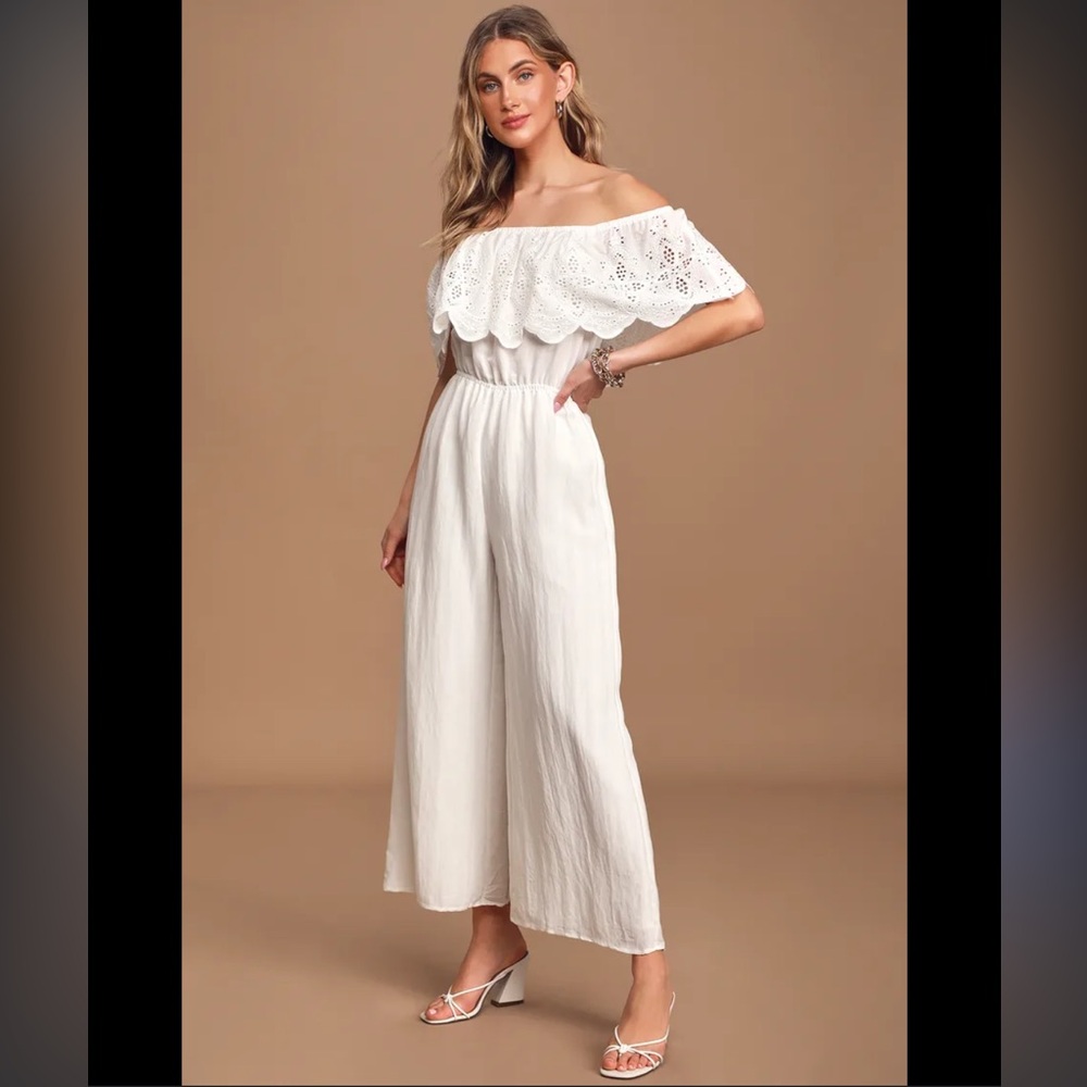 Lulus Catch a Breeze White Eyelet Lace Off-the-Shoulder Jumpsuit